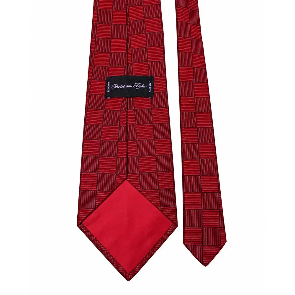 Christian Tyler Men’s Red Black Geometric Necktie Textured Basketweave UK Made